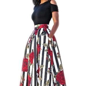 Beautiful Two-Piece Dress Cold Shoulder Flora Maxi Skirt w/ Pockets, GUC, Size S